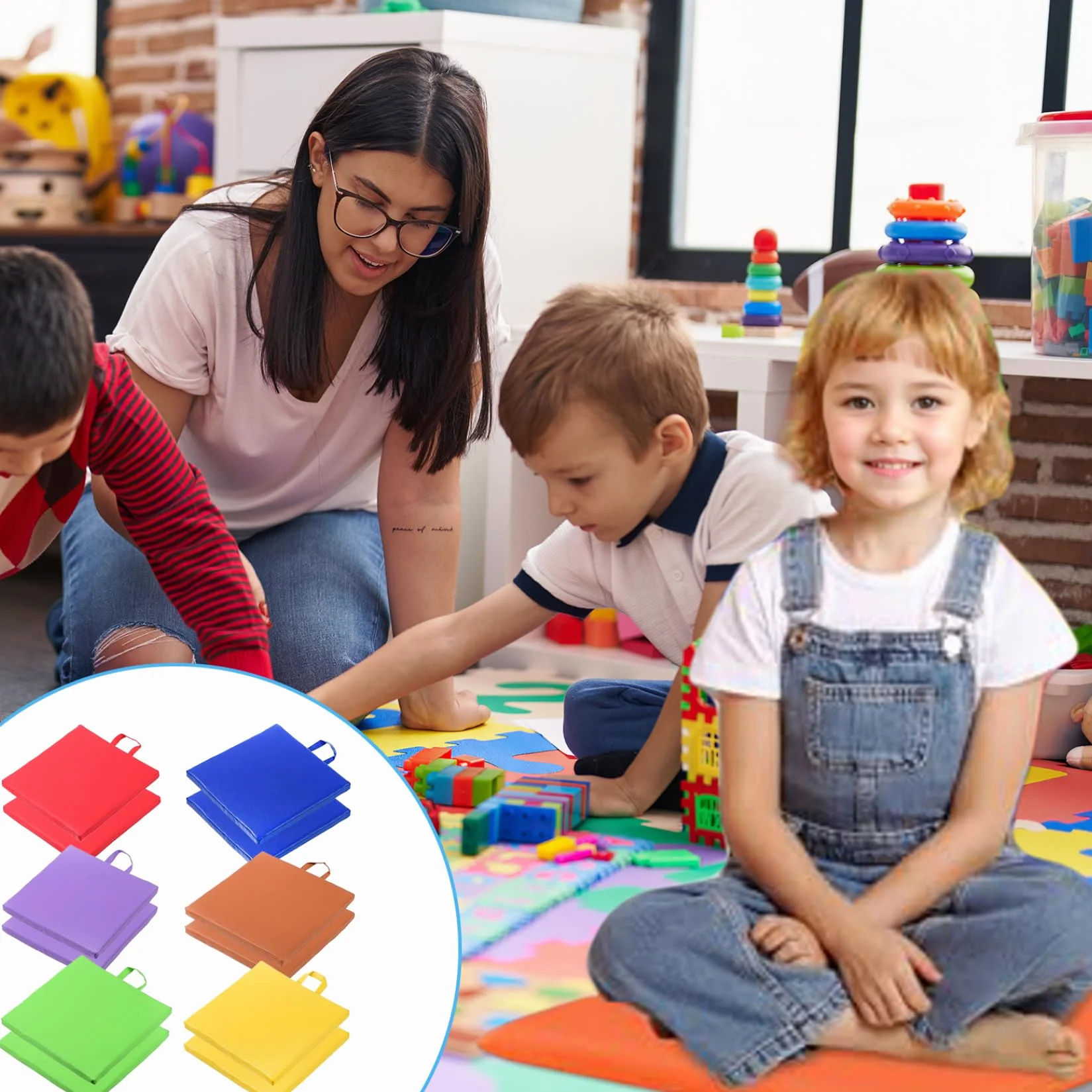 Bodenkissen für Klassenzimmer, 12pcs 12 Zoll wasserdichte flexible Sitzplätze mit Griff, 6 Farben Rechteckige Bodensitz, Kissen für Kinder, Kindertagesstätte, Vorschule, flexible Sitzplätze für Klass