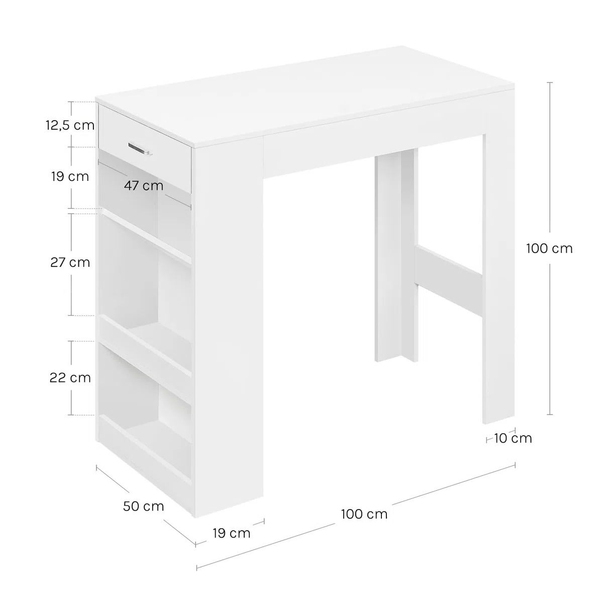WOLTU Bartisch, Stehtisch mit 1 Schublade & 3 Ablagen, Küchentisch mit Weinregal, Bistrotisch für Bar Küche Wohnzimmer Esszimmer (Mit Brett, Weiß, 100 x 50 x 100 cm)