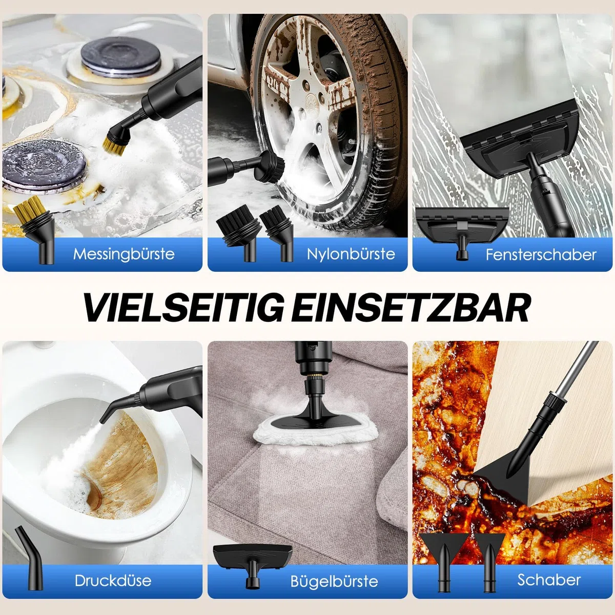 ODSD Dampfreiniger für Haushalt und Auto, 3-stufig einstellbarer Dampfreiniger, 15 Sekunden Aufheizzeit und 1,6 l großer Tank, Handdampfreiniger für Autos, Haushalt, Küche, Fenstern,Boden