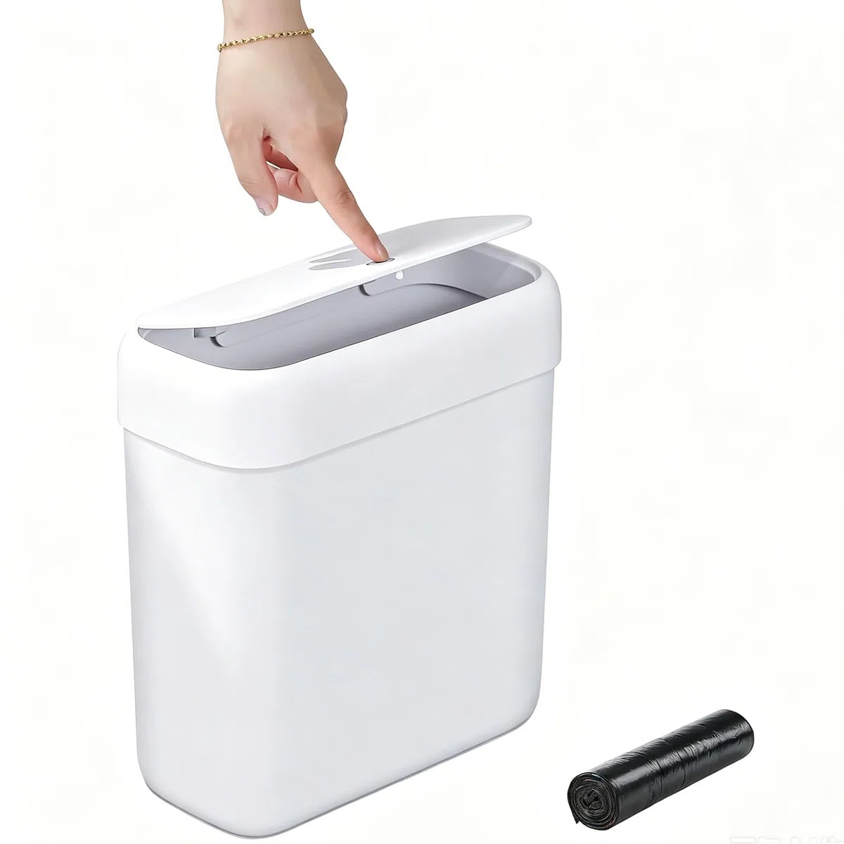 funest Mülleimer Bad mit Deckel, Schmaler Badmülleimer Weiß, Kleiner Mülleimer mit Druckknopf-Deckel, Abfalleimer Badezimmer für WC, Küche, Schlafzimmer, Wohnmobil und Büro, 8,5L
