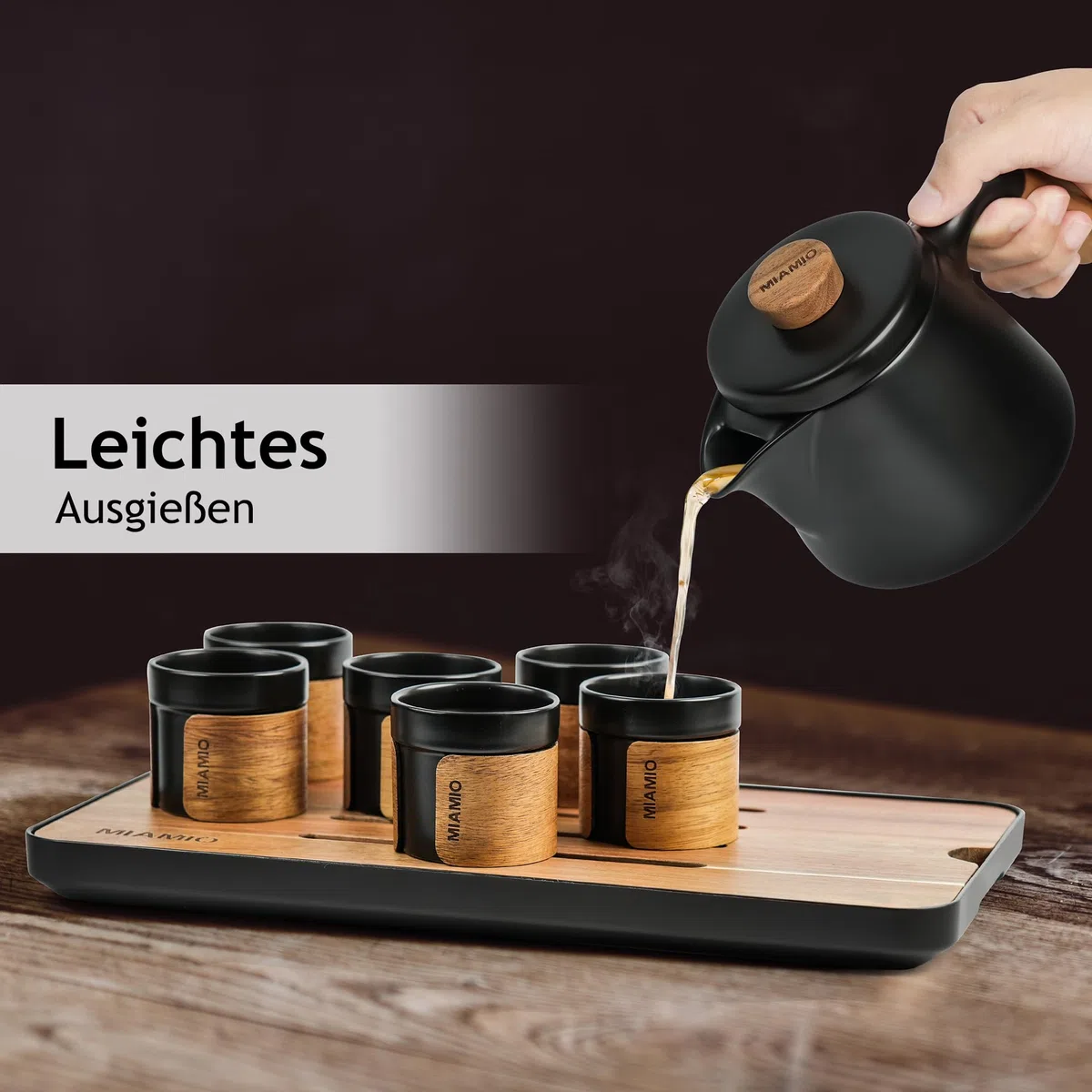MIAMIO - Japanisches/Chinesisches Tee Set 6 x 100 ml/Asiatische Teekanne 620 ml mit Teesieb, Traditionelles Japanisches Teekanne Set für Teeliebhaber/Männer/Frauen (Schwarz)