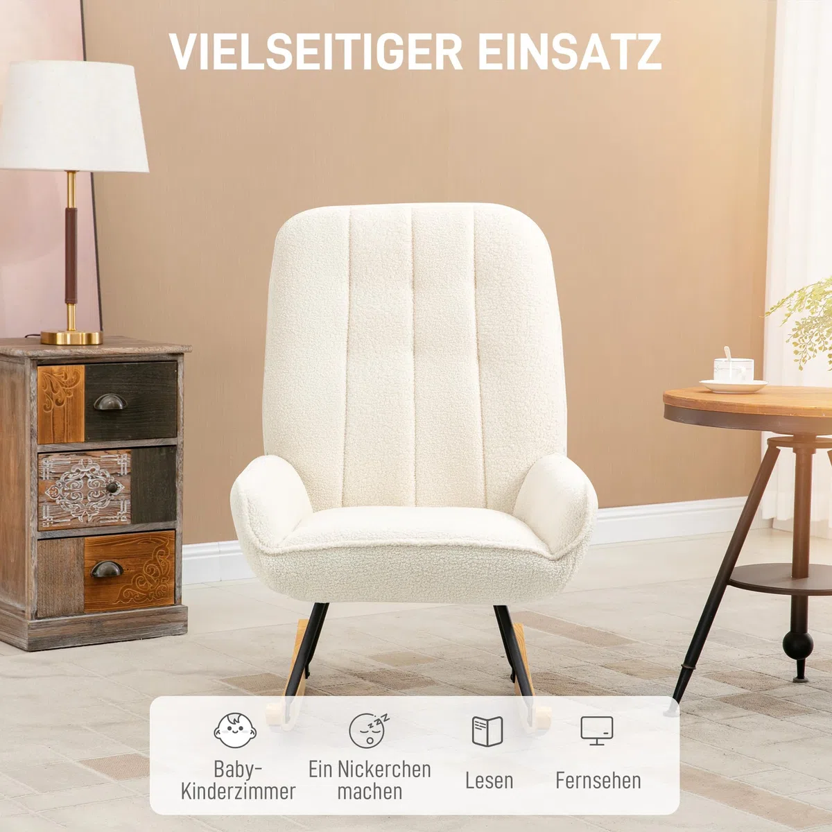 HOMCOM Schaukelstuhl Schaukelsessel mit Rückenlehne, Holzkufen, Relaxsessel, Sessel mit Sherpa-Vlies Stillsessel Schwingsessel für Wohnzimmer, Schlafzimmer, Balkon Cremeweiß