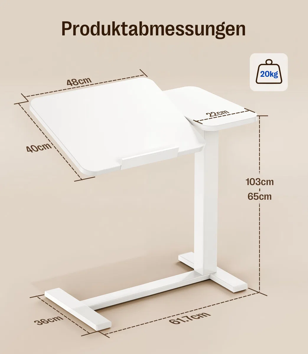 MAIDeSITe Beistelltisch C-Form mit Rollen,höhenverstellbarer Laptoptisch für Sofa&Bett,mobiler Beistelltisch mit geteiltem Tischdesign für Wohnzimmer&Schlafzimmer-Weiß