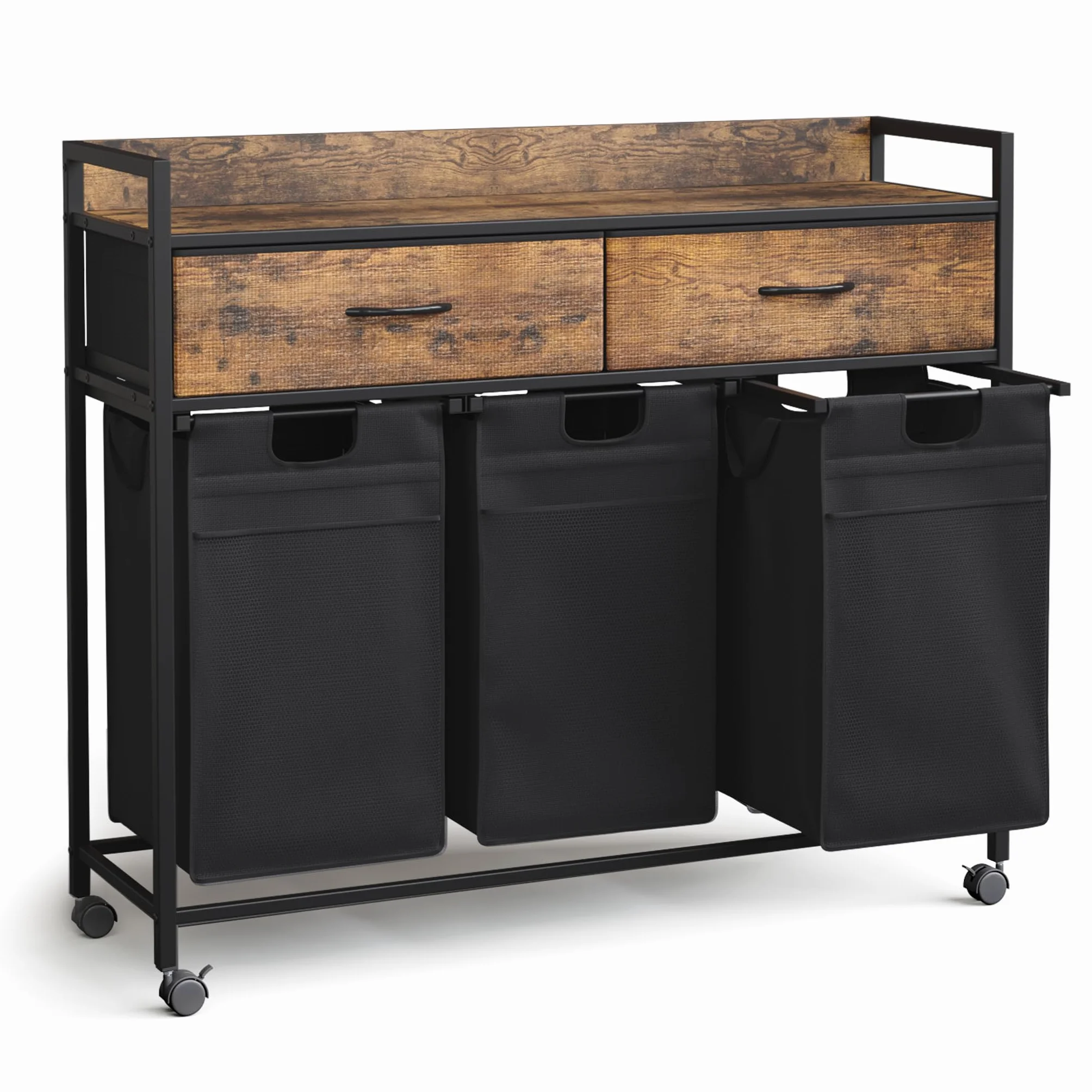 Mondeer Wäschekorb 3 Fächer, Wäschesammler mit 2 Schubladen ausziehbar und herausnehmbare Wäschesäcke, Für Waschküche Schlafzimmer Badezimmer, 3x50L, 106 x 33 x 91.5 cm, Vintagebraun und Schwarz