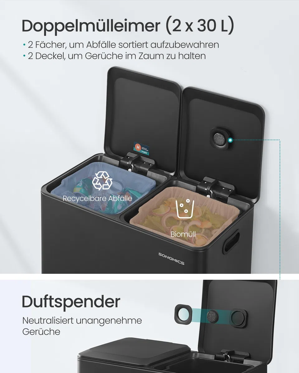 SONGMICS Mülleimer Küche, 2 x 30 L, 2 Fächer, Mülltrennsystem, Softclose, herausnehmbare Inneneimer, Pedalen, Stahl, tintenschwarz LTB743B02