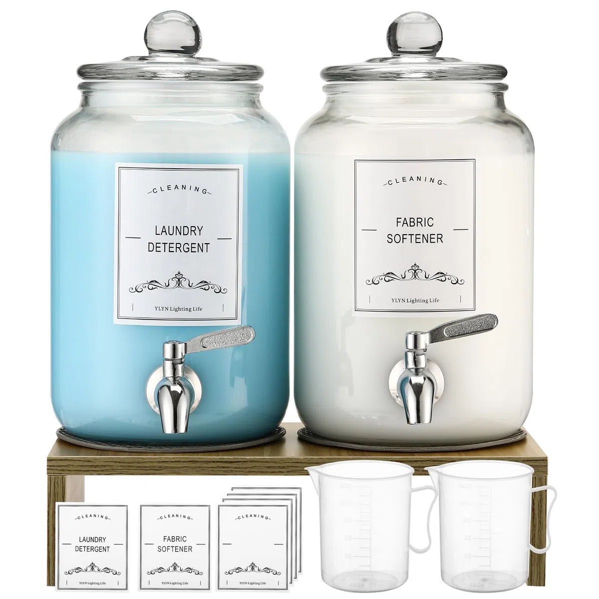 2er-Pack Glas-Waschmittelspender mit Ständer, 3005.0 g auslaufsicherer Glas-Stoffweichspüler-Spender, Wäscheseifenspender, wiederverwendbarer Behälter für Küche und Badezimmer