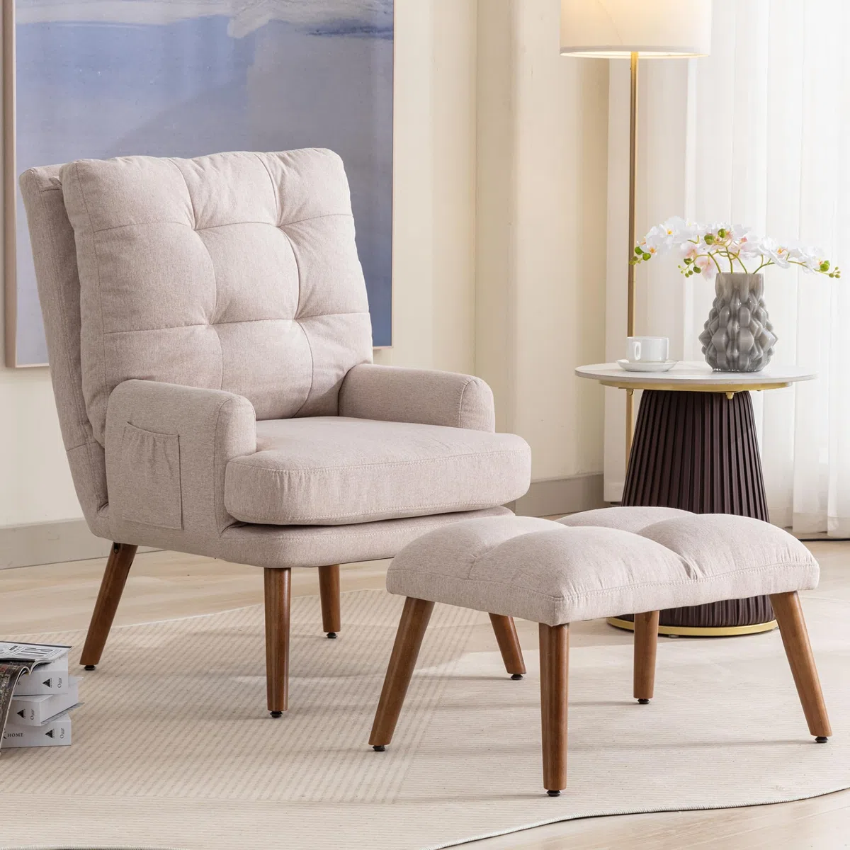 Merax Relaxsessel mit 10-stufig Liegefunktion, Bequemer Sessel mit Hocker, Fernsehsessel mit Seitentaschen, Beige
