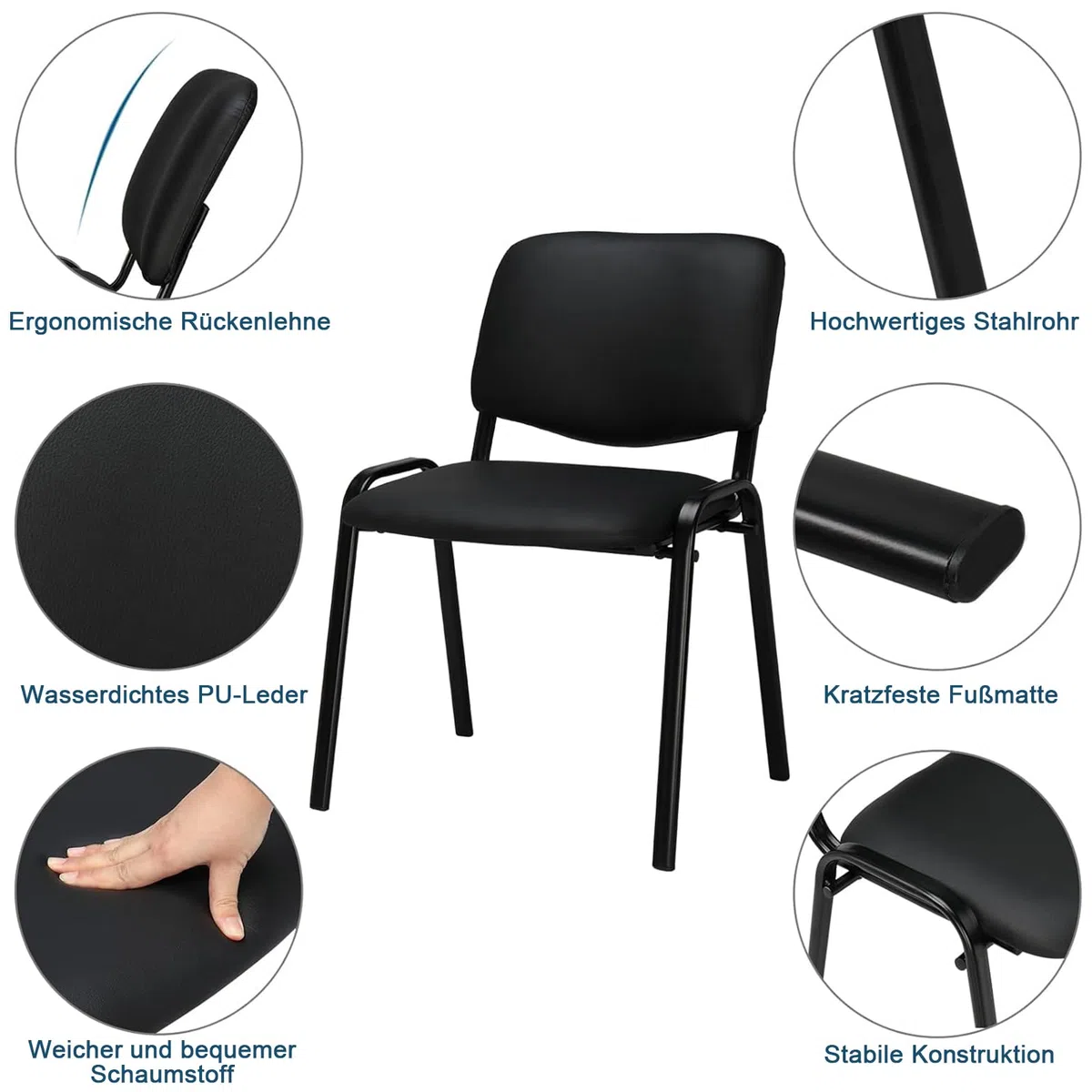 LEADZM Stapelstühle，Schwingstuhl，Bürostuhl Ohne Armlehne，mit Gepolsterter Sitzfläche & Rückenlehne，Konferenzstuhl, Home Office, Rezeption，5er(Pu-Schwarz)
