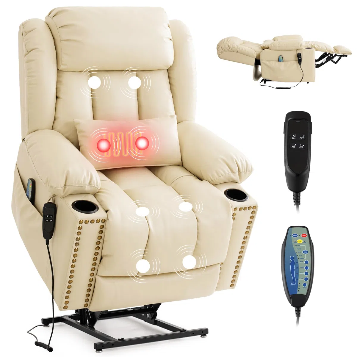 DUANDUAN 2 Motoren Relaxsessel Elektrisch mit Liegefunktion, Massagesessel Fernsehsessel mit Aufstehhilfe, 180° Verstellbar, Beige