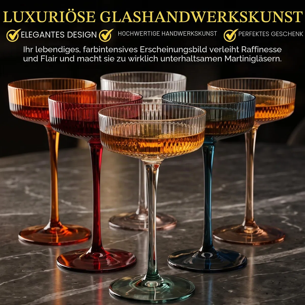Farbige Vintage Art Deco Coupé-Gläser, Martini-, Cocktail- und Champagnergläser, geriffelt, 200 ml, 6 Stück, niedliche pastellfarbene gedämpfte Kristall-Cocktailgläser, Kelch, Cocktails, geriffelte