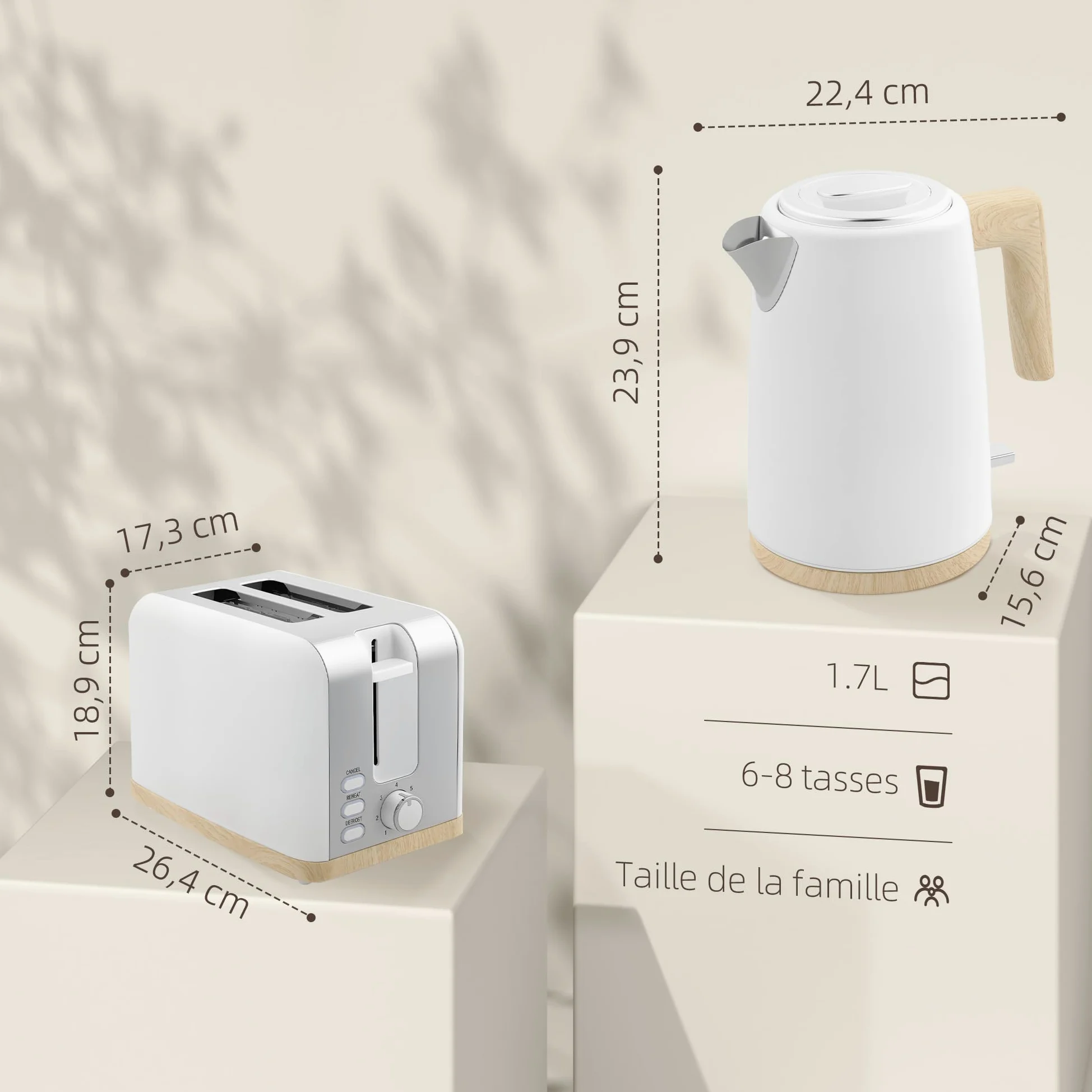 HOMCOM Set Wasserkocher und Toaster 2200W, Wasserkocher 1,7 L Schnellheizer und Toaster 2 Scheiben, 7 Bräunungsstufen - Abschaltautomatik, Trockenkochschutz, weiß