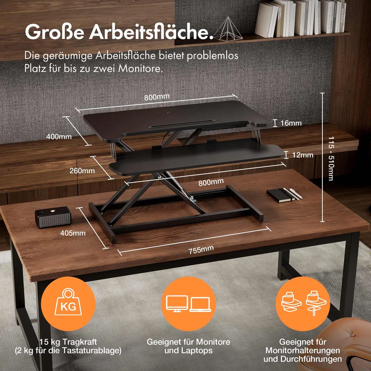 VonHaus Schreibtischaufsatz Höhenverstellbar, Schwarz 80 x 40 cm Steh-Sitz-Arbeitsplatz für Dual-Monitor mit Tabletfach, Stehpult-Konverter mit Zwei Ebenen, Schreibtisch erhöhung mit Tastaturablage