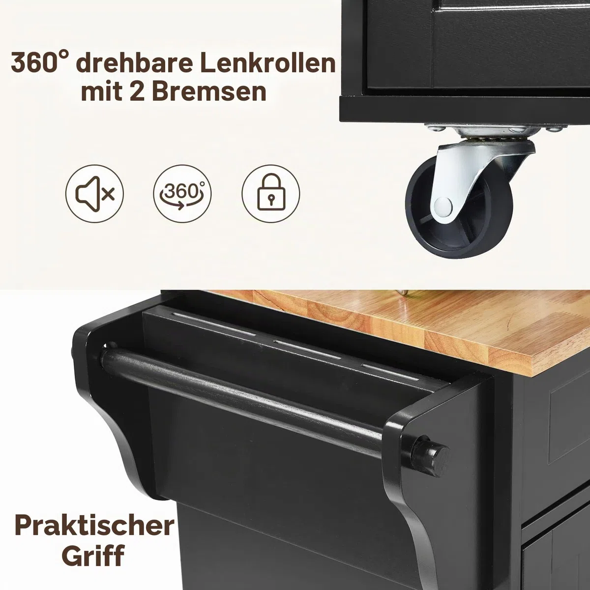 KOMFOTTEU Küchenwagen auf Rollen, Servierwagen Holz mit Arbeitsplatte, Kücheninsel mit Schubladen, 122x46x92 cm Schwarz