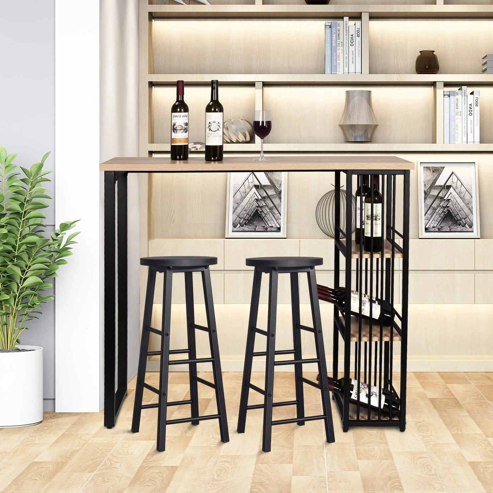 WOLTU 1x Bartisch + 2X Barhocker Stehtisch Bistrotisch Bartheke Tresentisch, mit 3 Ablagefläche, Metallgestell, MDF, 120x40x105cm(BxTxH)