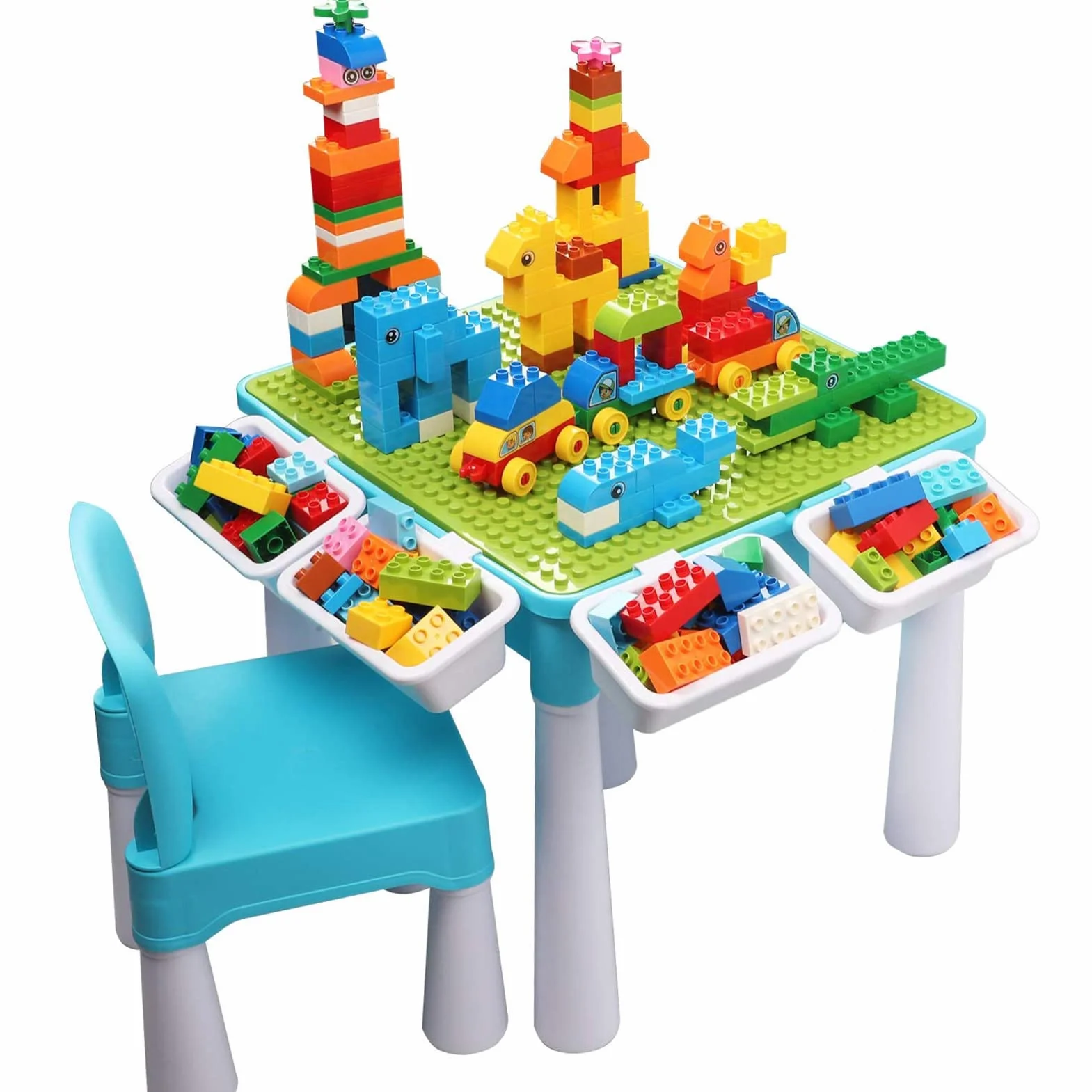 Burgkidz 5-in-1 Kinderaktivitäts-Tischset 128 Teile Kompatibel mit Bausteinen Spielzeug Enthält 1 Stuhl und Bausteintisch mit Aufbewahrung Grüne Grundplatte / Blaue Farbe