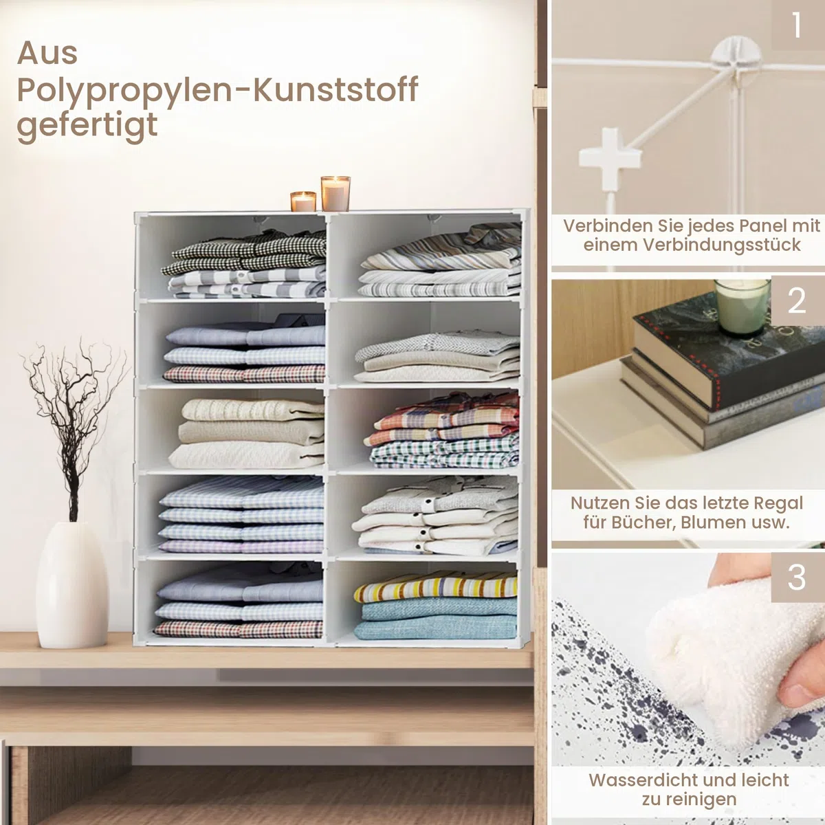 Modulares Regal, Kleiderorganizer für Schrank, Regal für Zimmer, Flur. Aufbewahrungsregal für Zuhause, Flur, Schlafzimmer. 10 Module