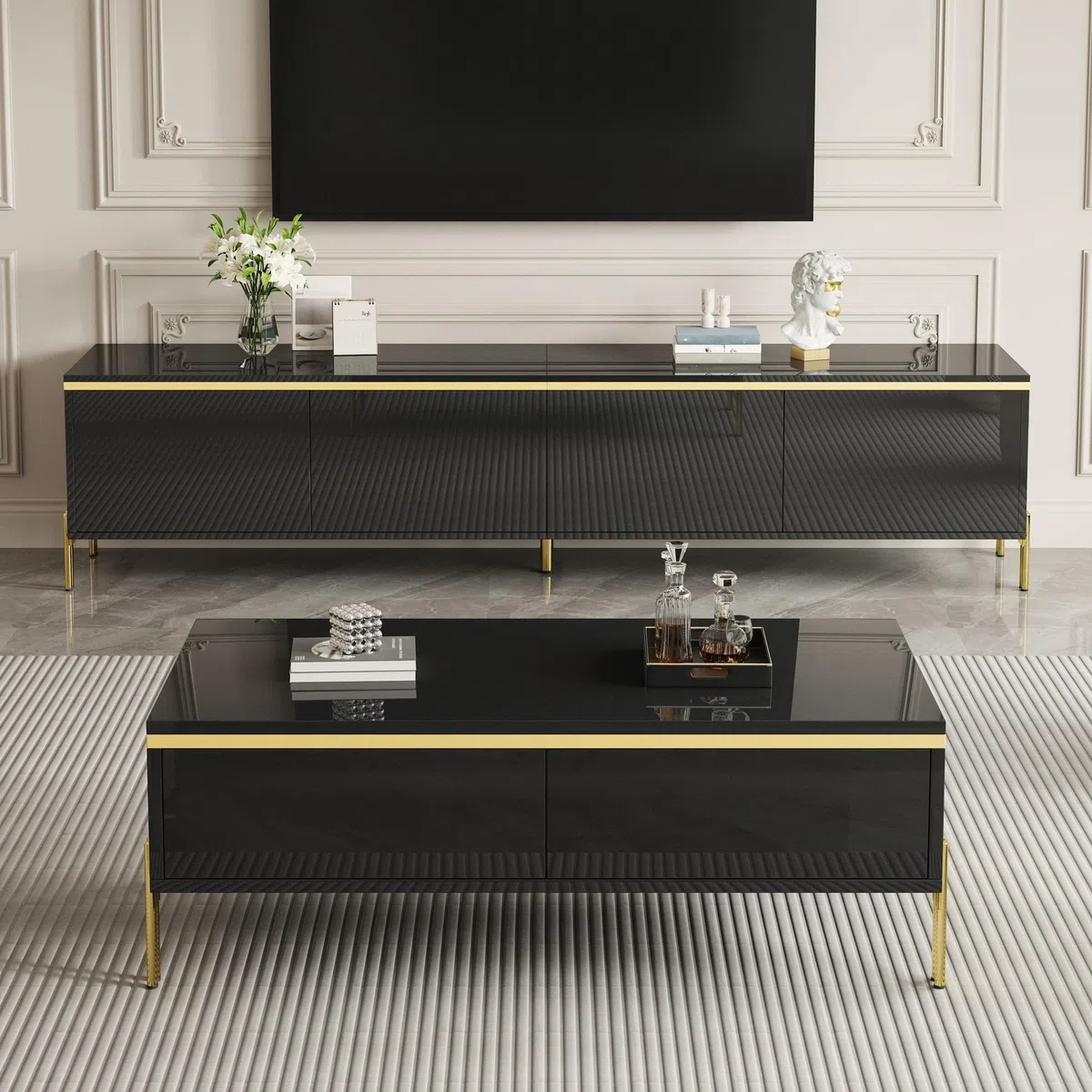 Luxus-TV-Schrank und Couchtisch-Set Hochglanz Schwarz Goldene Kanten