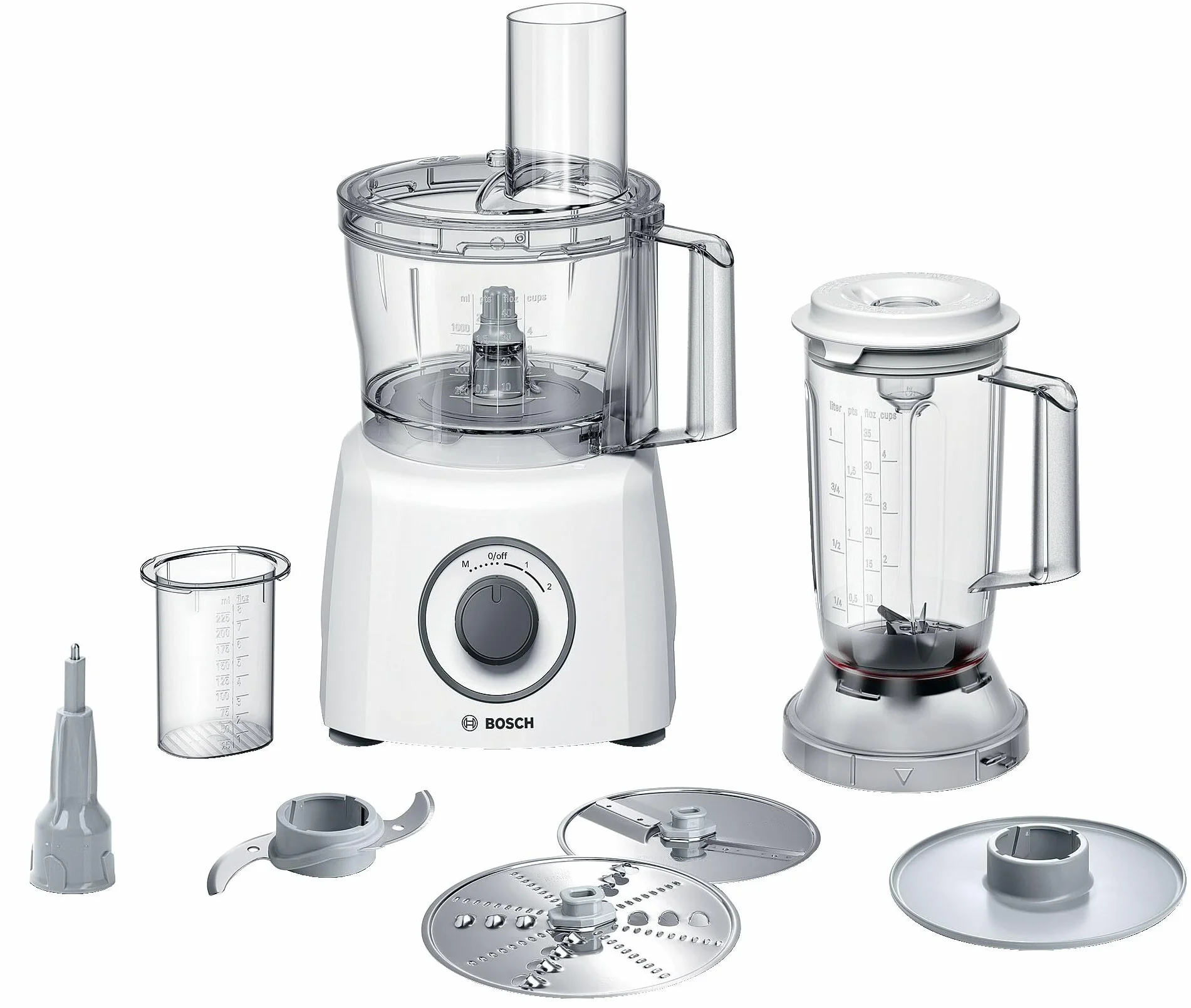 Bosch Kompakt-Küchenmaschine Multi Talent 3, 30 Funktionen, Universalmesser, Schneide/ Raspeln, Schlagscheibe, Rührschüssel 2,3 L, Mixer 1,0 L, weiß, 800 W, kleine Küchenmaschine, MCM3200W