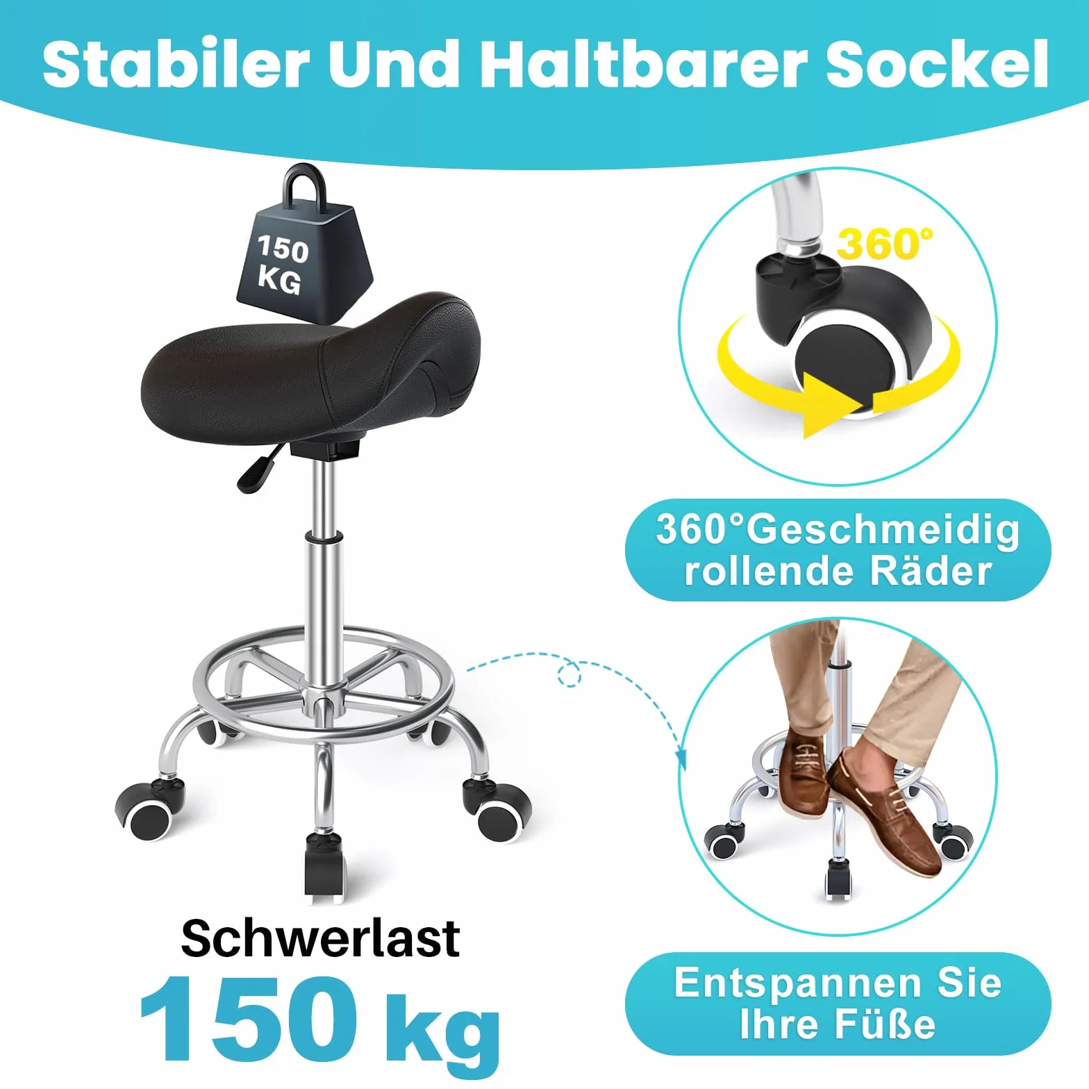 Sattelhocker Ergonomisch - Bequemer Sattelstuhl mit einem breiten Sattelsitzkissen, drehbarer, verstellbarer Sattelhocker mit Rollen und Ringpedal für Medizin,Massage, Salon,Büro und Zuhause (Schwarz)