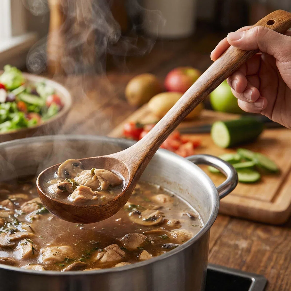 2 Stück Kochlöffel Holz, Holzlöffel mit Spaghettilöffel, Suppenkelle Holz für Kochen, Rühren, Servieren Spaghetti, Suppe, Sauce