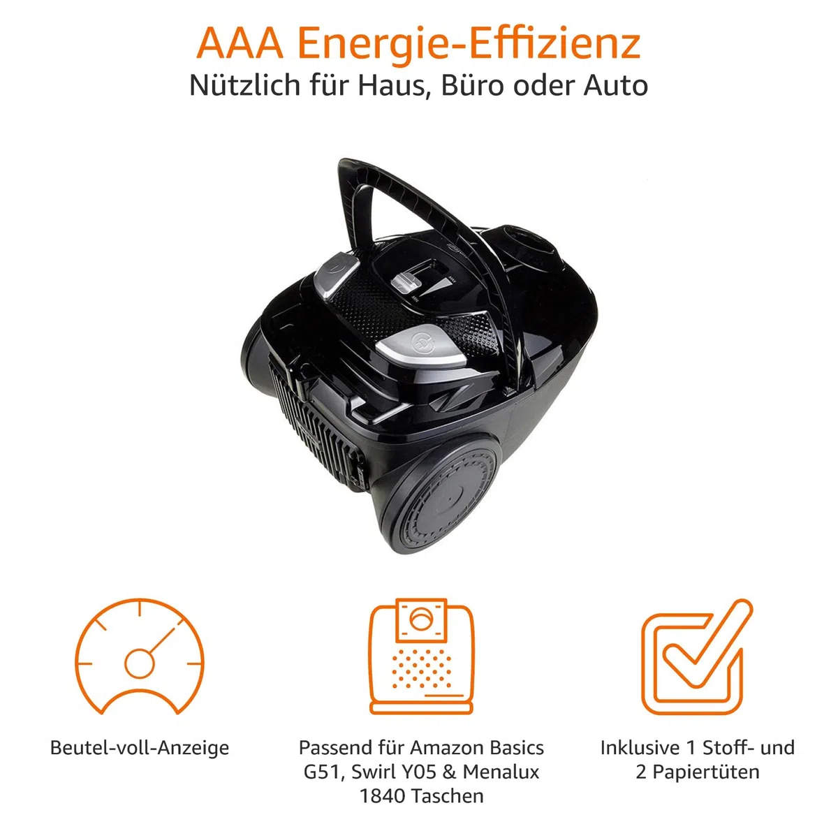 Amazon Basics Staubsauger mit Beutel- VCB35B15C-1J7W-70, leistungsstark, kompakt und leicht, für Hart- und Teppichböden, HEPA-Filter, 700 W, 1.5 l, EU, Schwarz