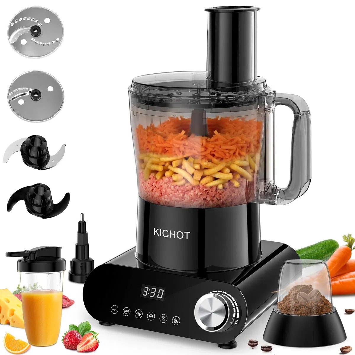 Küchenmaschine & Zerkleinerer, 2.5L Food Processor mit Zubehör Mahlschüssel, 1500W mit Großem Zuführschacht,Eiskrümelung, Mahlen, Zitruspresse, Raspeln, Schneiden & Teigzubereitung, Schwarz
