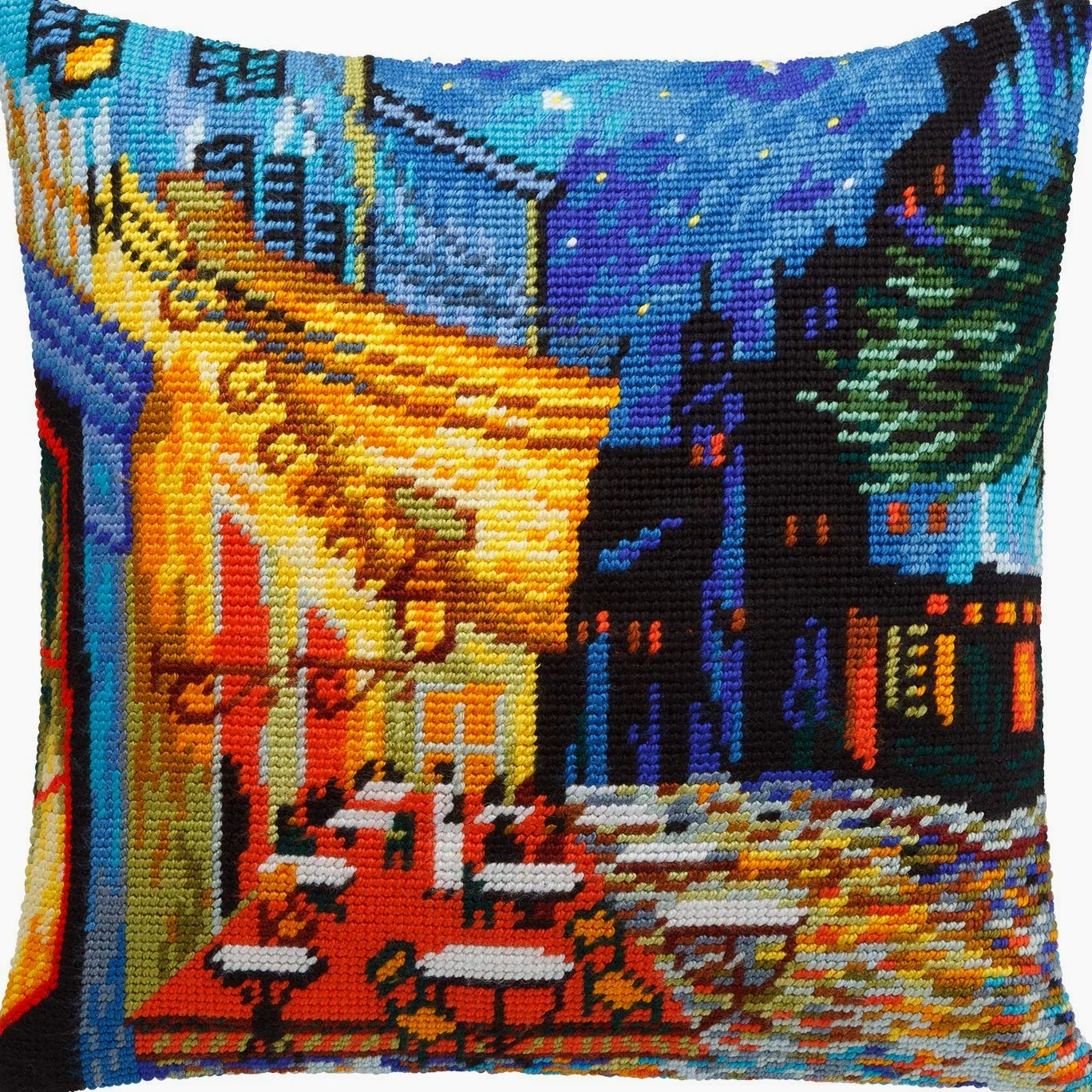 Brvsk Terrasse Cafés bei Nacht. Gestempeltes Kreuzstich Kissen mit bedruckter Gobelin (40 × 40 cm) Kissenset mit gestempeltem Kreuzstich für kreative Inneneinrichtung Handarbeitsset für