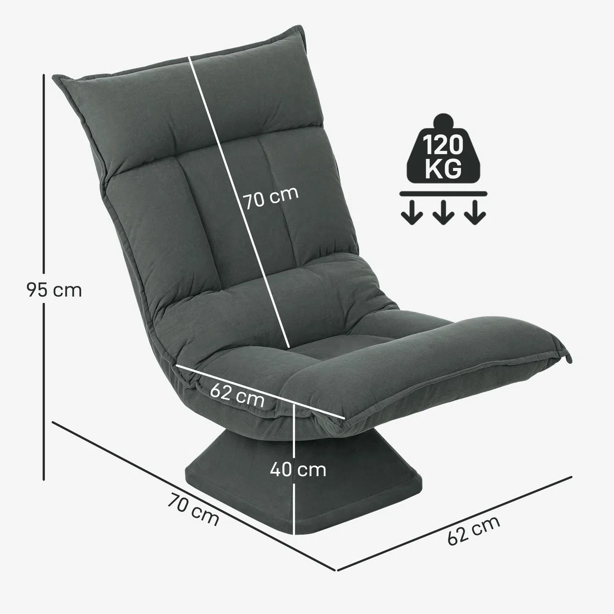 HOMCOM Bodenstuhl 360° Drehbar Bodensessel mit 5-Fach Verstellbarer Rückenlehne, Klappbares Bodensofa Meditationsstuhl Gepolstert Lazy Sofa für Wohnzimmer Gaming & Lesen Dunkelgrau