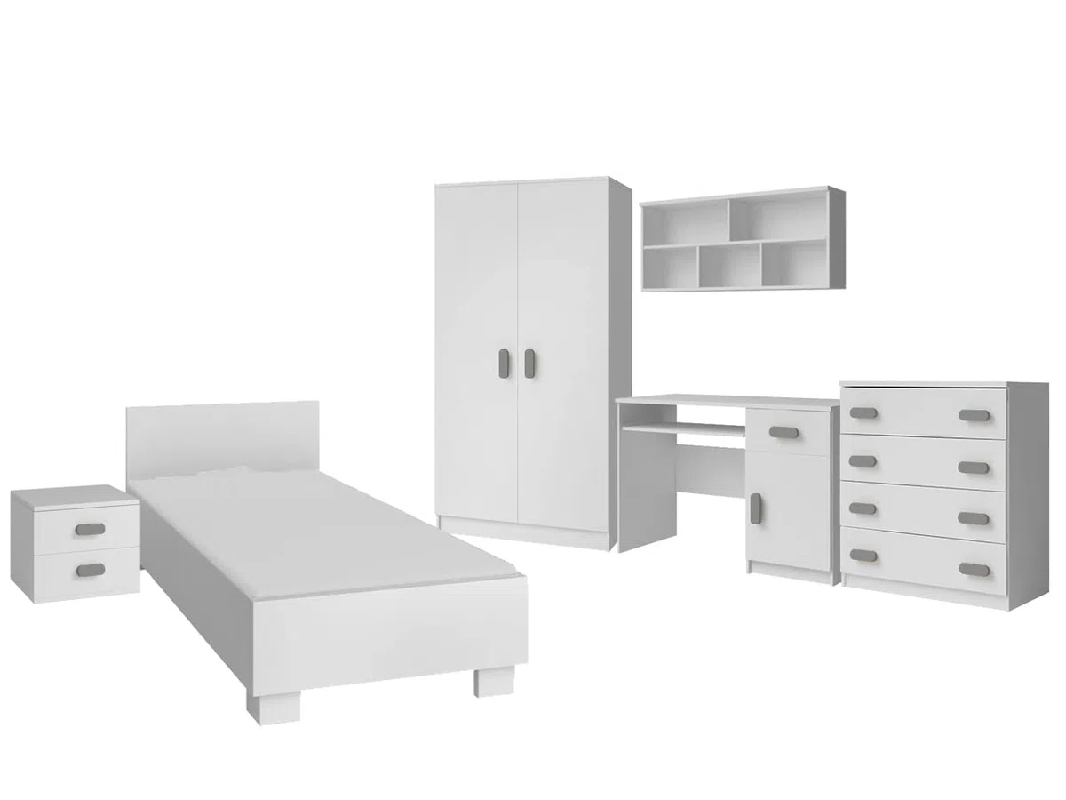 Fabryka Mebli Idźczak Kinderzimmer-Set Jonas I 01 - Schrank, Bett, Wandregal, Kommode, Schreibtisch, Nachttisch - Kleiderschrank - Skandinavischer Stil, Modern Design - Weiß/Grau
