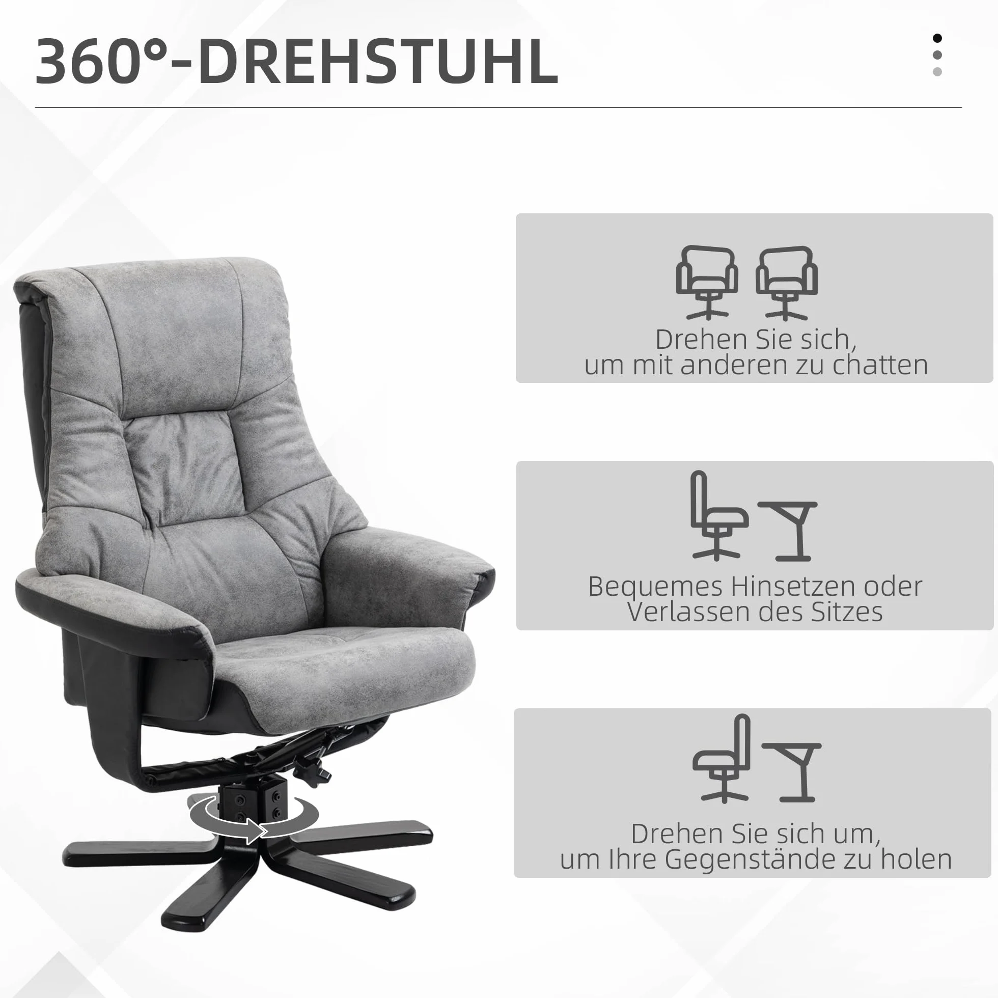 HOMCOM Relaxsessel mit Hocker, Drehbarer Fernsehsessel, TV Sessel mit Liegefunktion, Polstersessel, Mikrofaser Grau, 78 x 82,5 x 109 cm
