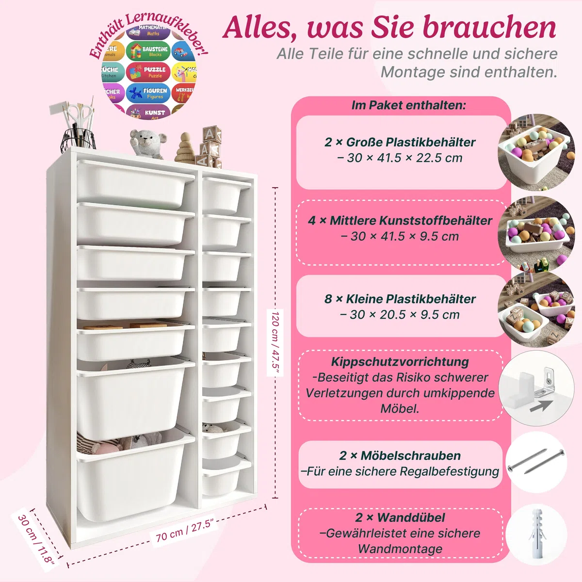 LEOKIDS Spielzeugaufbewahrung mit 16 Boxen – Kinderregal Spielzeugschrank Organizer Weiß MDF