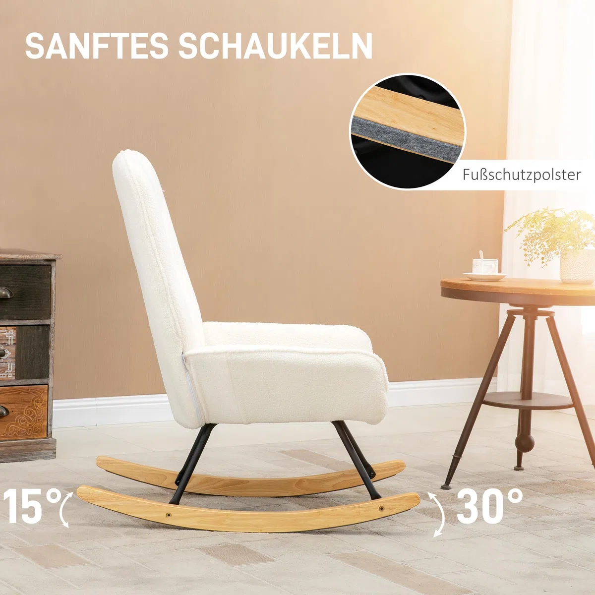 HOMCOM Schaukelstuhl Schaukelsessel mit Rückenlehne, Holzkufen, Relaxsessel, Sessel mit Sherpa-Vlies Stillsessel Schwingsessel für Wohnzimmer, Schlafzimmer, Balkon Cremeweiß