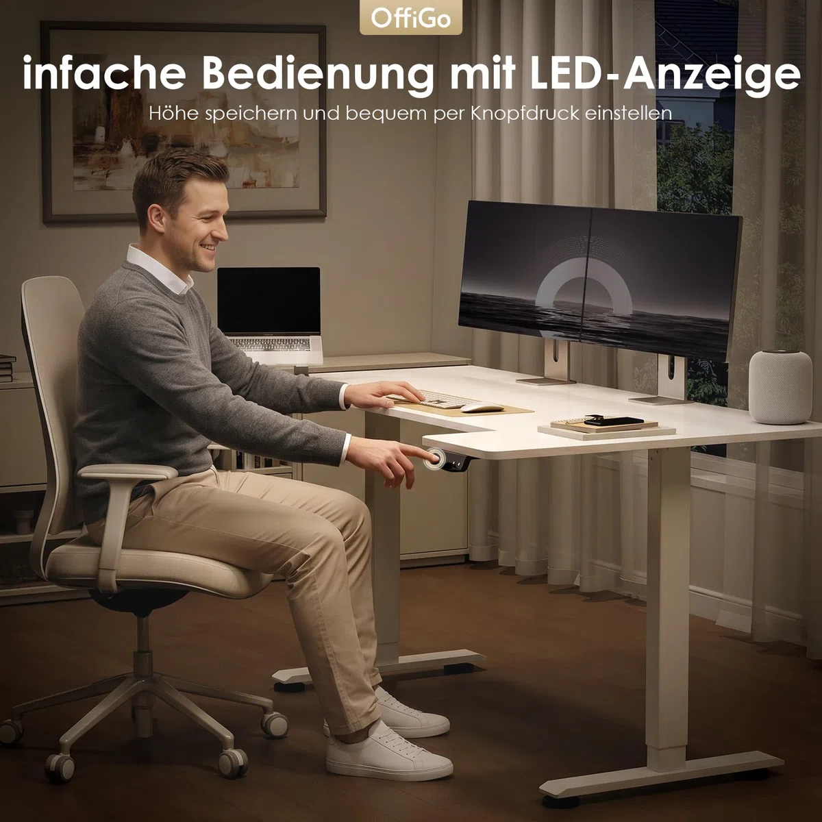 OffiGo U-förmiges Höhenverstellbarer Schreibtisch, 140 x70 cm, Elektrischer Steh-Sitz Tisch, Standing Desk, Home Office Computertisch, Memory Funktion, Leiser Motor, Weiß