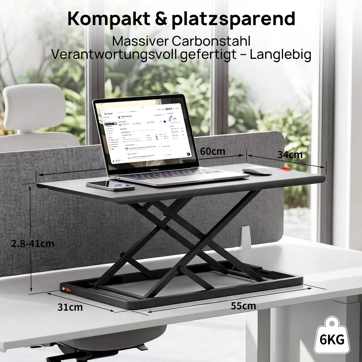 Höhenverstellbarer Schreibtisch-Konverter, Ultraflacher Sitz-Steh-Arbeitsplatz, Leicht Verstellbarer Laptop-Riser, Verschleißfeste Metalltischplatte– Schwarz