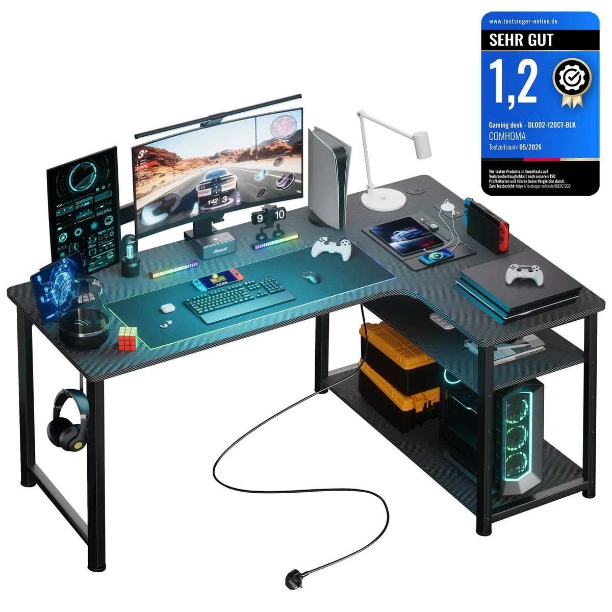 COMHOMA Gaming Tisch mit Steckdose 120 x 80cm Schreibtisch, Eckschreibtisch mit USB-Ladeanschluss und Regal, Computertisch L Form, PC Tisch für Büro, Heimbüro