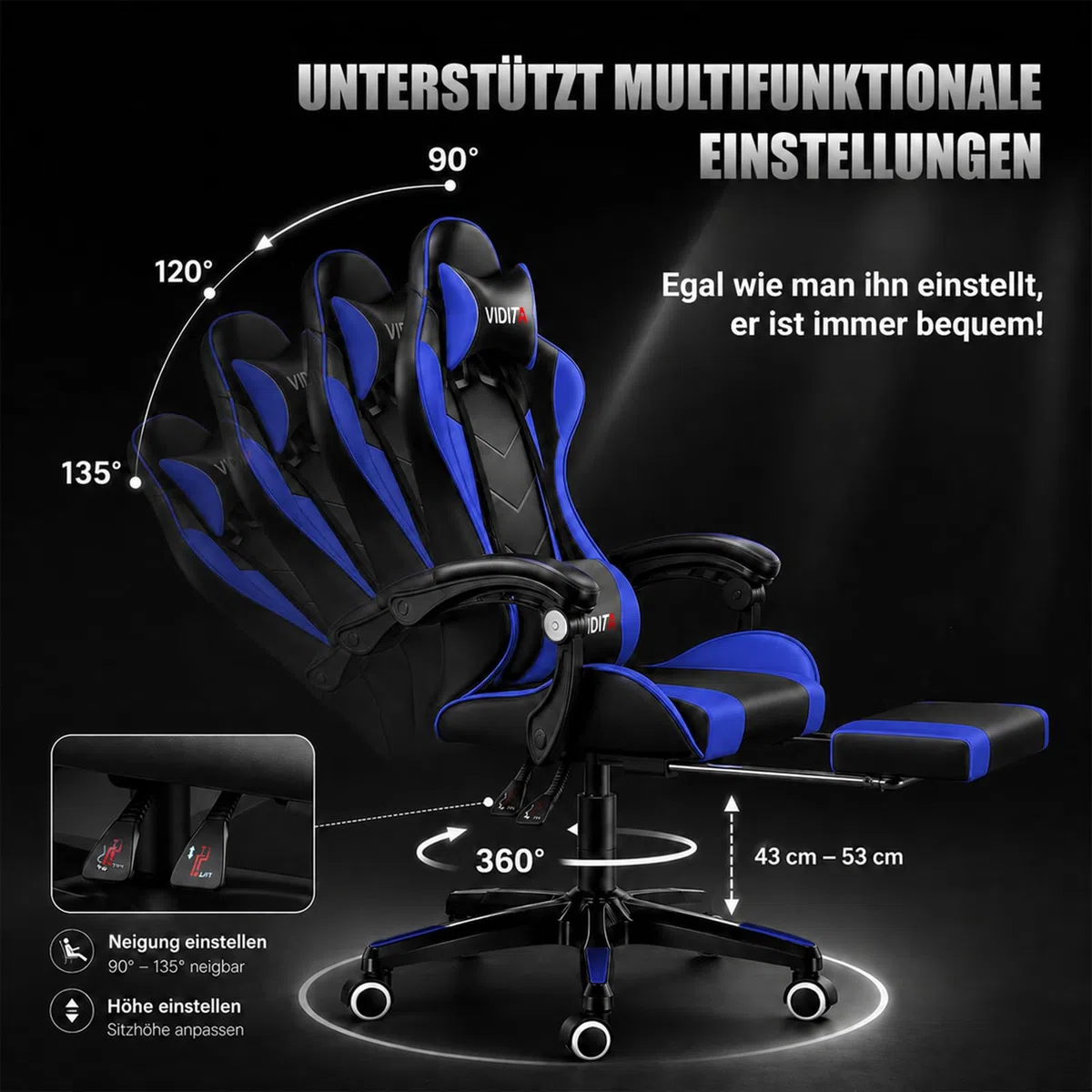 Ergonomischer Gaming Stuhl mit Fußstütze, verstellbarer Gaming Chair mit Lendenkissen, Kopfstütze & 135°Rückenlehne, drehbarer Bürostuhl für Büro, Homeoffice & Zocken mit Komfort,Schwarz & Blau, 150kg