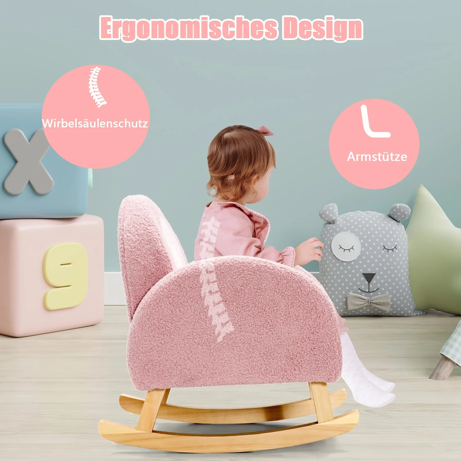 COSTWAY Kindersessel für Kleinkinder, gepolsterter Kindersofa Schaukelstuhl mit Massivholzbeinen, Schaukelsessel Kinderstuhl für Kinderzimmer, Spielzimmer & Kindergarten (Schaukelstuhl, Rosa)