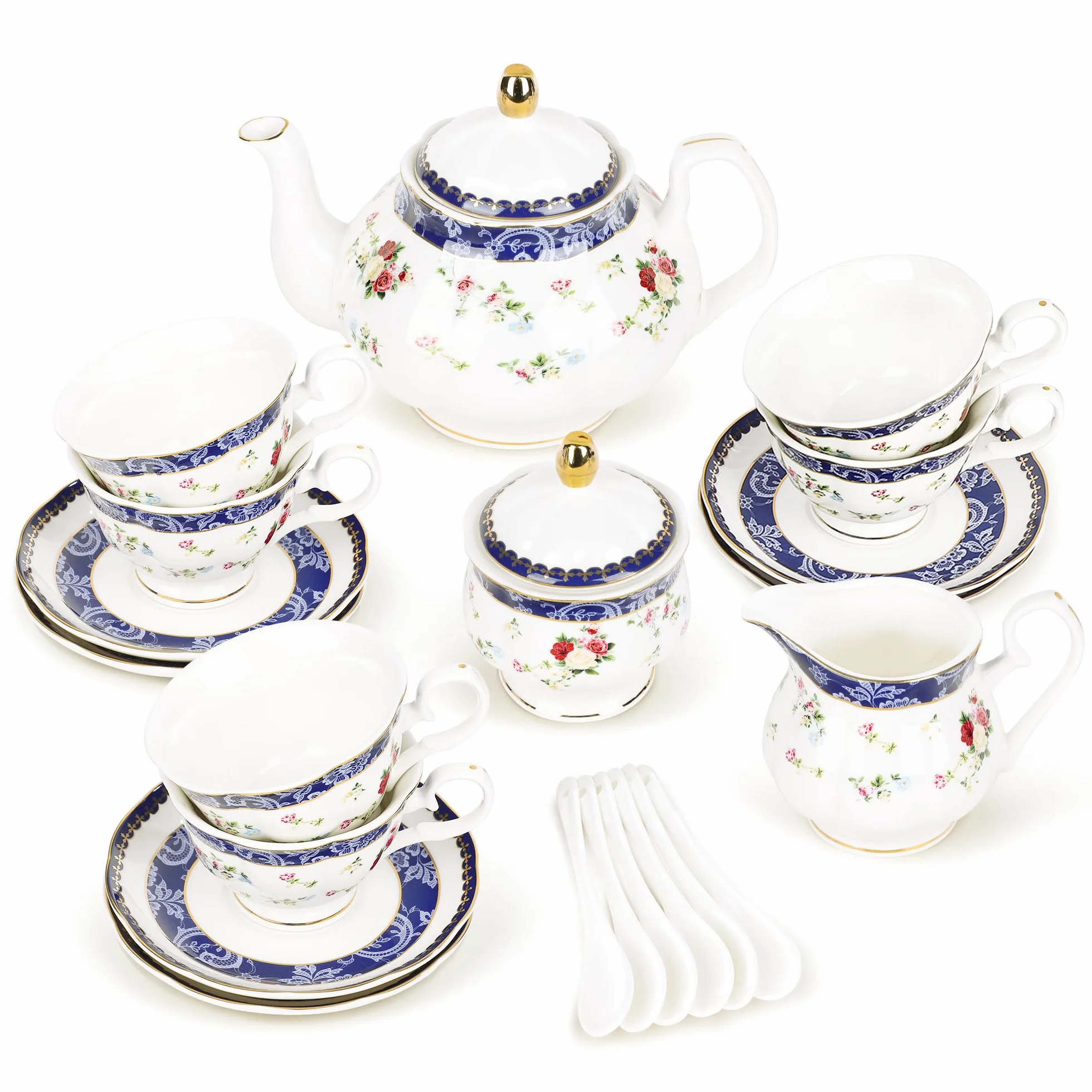 fanquare 21 Stück Blaue Rose Britisches Nachmittagstee-Set, Modernes Porzellan Teekannen-Set, Vintage Kaffeetasse und Untertasse Set, Erwachsene Teeservice für 6 Personen
