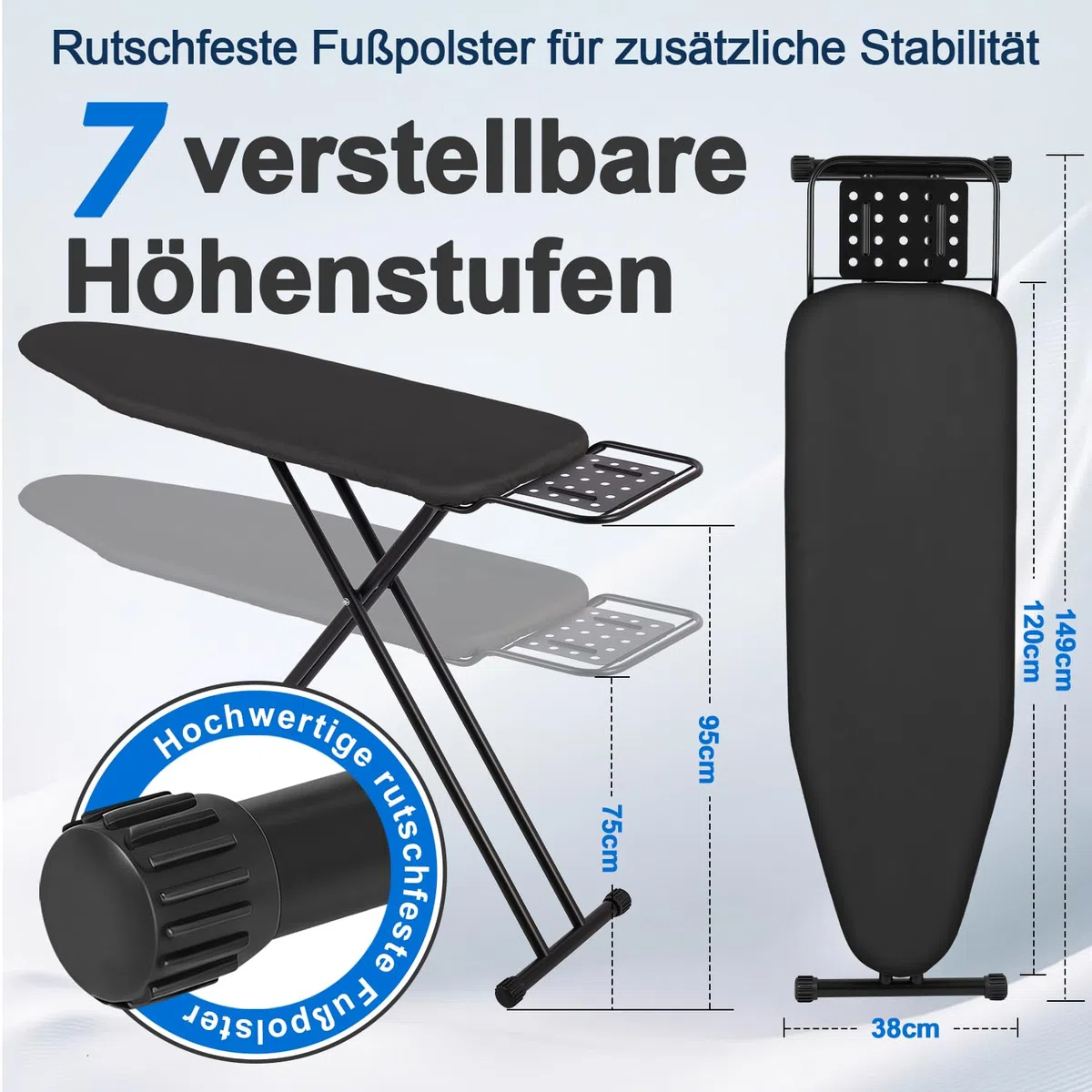 Klappbares Bügelbrett, Ironing Board,Robustes Dampfbügelbrett mit Bügeleisenablage,mit rutschfesten Füßen, stabiles Gestell,Tischbügelbrett mit Verstellbarer Höhe, Ironing area120x38cm