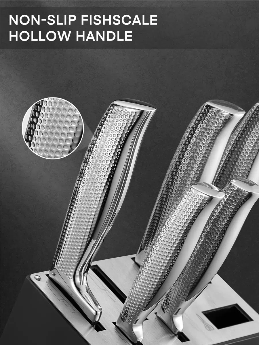 Messerblock Set, FOHERE 14-teilig Selbstschärfender Messerblock, Scharfes Messerset mit Holzblock, Ergonomischer, Rutschfester Griff aus Edelstahl, Profi Küchenmesser Set, Ideal als Geschenk