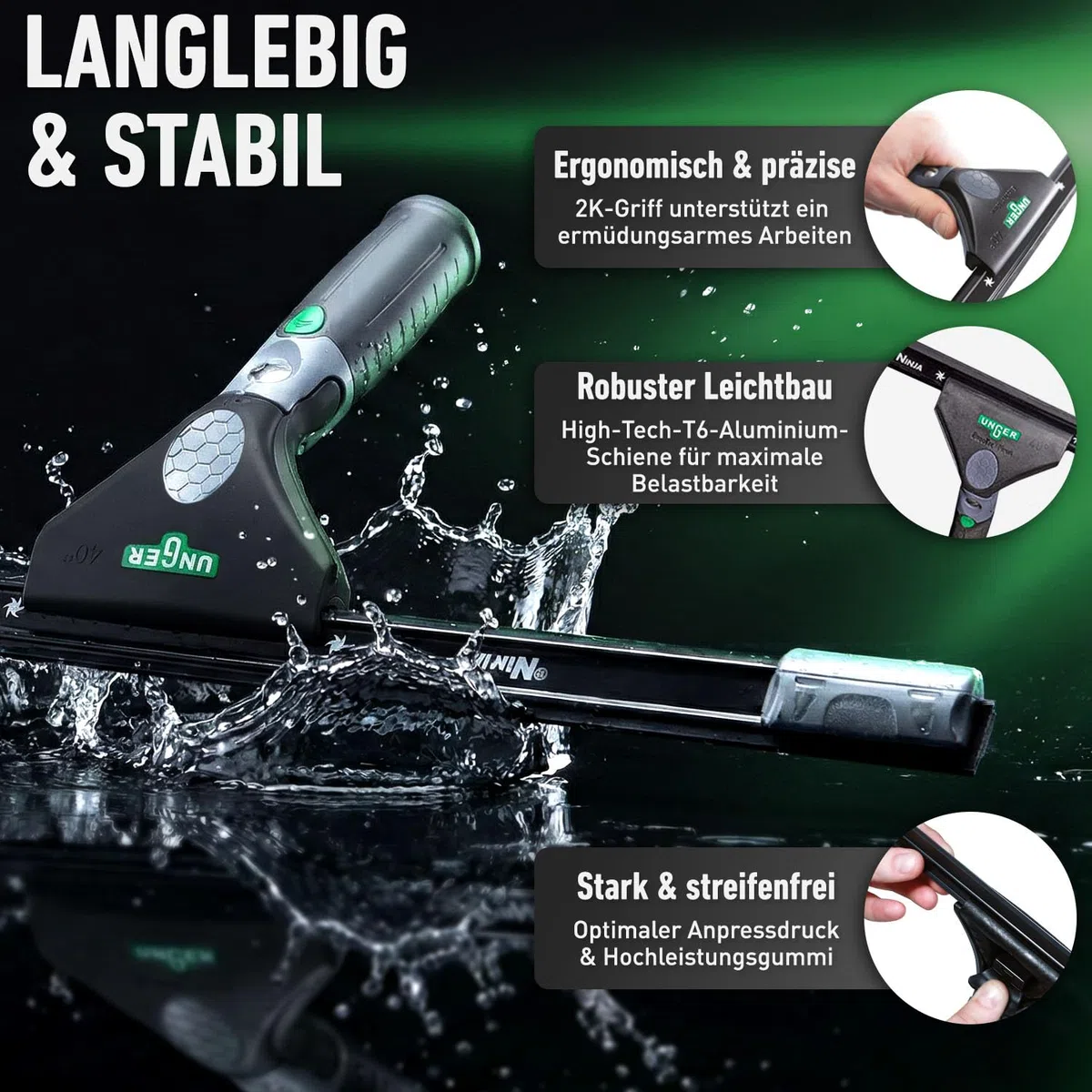 UNGER Ninja Profi Fensterreiniger 4in1 Advanced Kit – Premium Fensterputzer Set mit Profi Fensterabzieher, Fensterwischer, Mikrofasertuch und Bucket-on-a-Belt für professionelle Glasreinigung