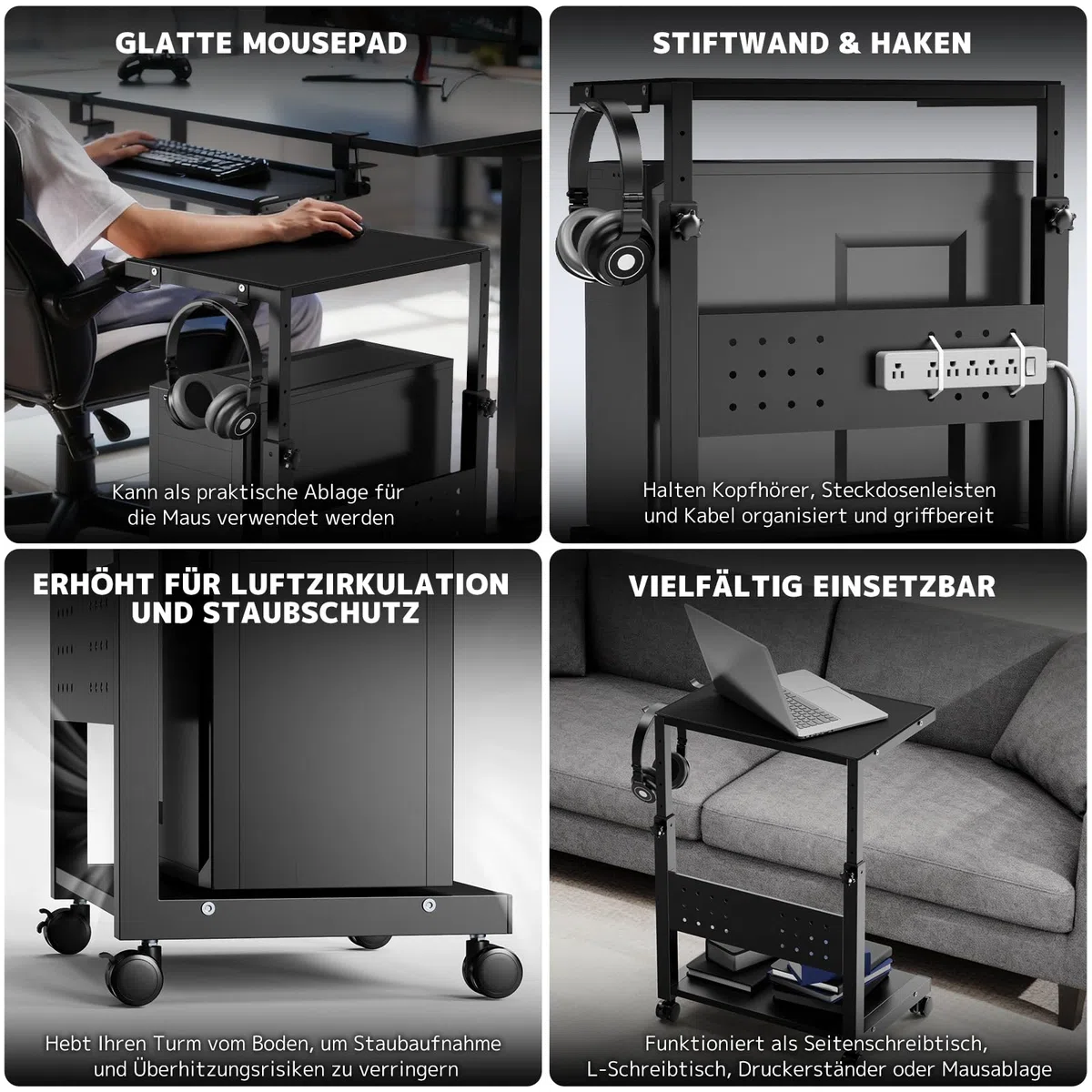 PUTORSEN Höhenverstellbarer PC Tower Ständer mit 2 Ebenen,Computer Tower Ständer mit Rollen und Maus Pad,PC Halterung unter Schreibtisch,ATX-Gehäuse bis 40kg/Ebene,Druckerständer für Heimbüro,Schwarz