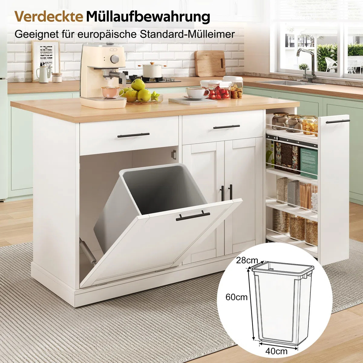 Merax Kücheninsel Freistehend mit Mülleimer, Küchenwagen mit Rollen, Küchenschrank mit Klappbarer Arbeitsplatte, 4 Gewürzregal, 2 Schubladen, Mülleimer Schrank für Küche, 120x70x93,5cm, Weiß