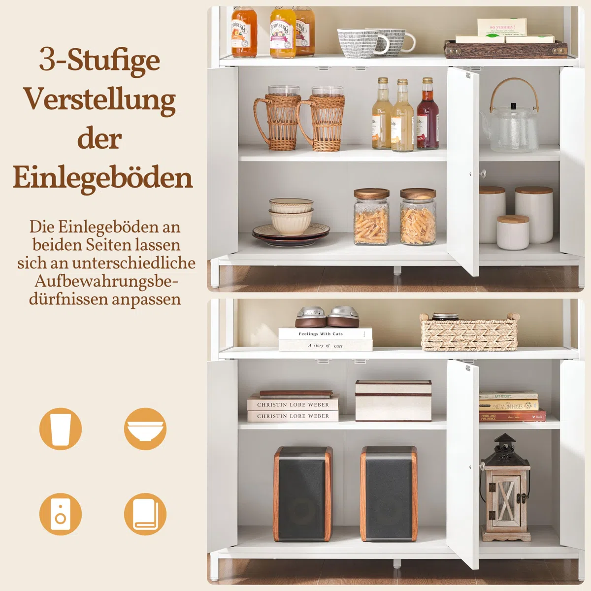 Yaheetech Sideboard, Küchenschrank mit 3 Türen und Offenen Regalen, Buffetschrank Aufbewahrungsschrank verstellbare Ablage 100 × 35 × 81 cm, Weiß
