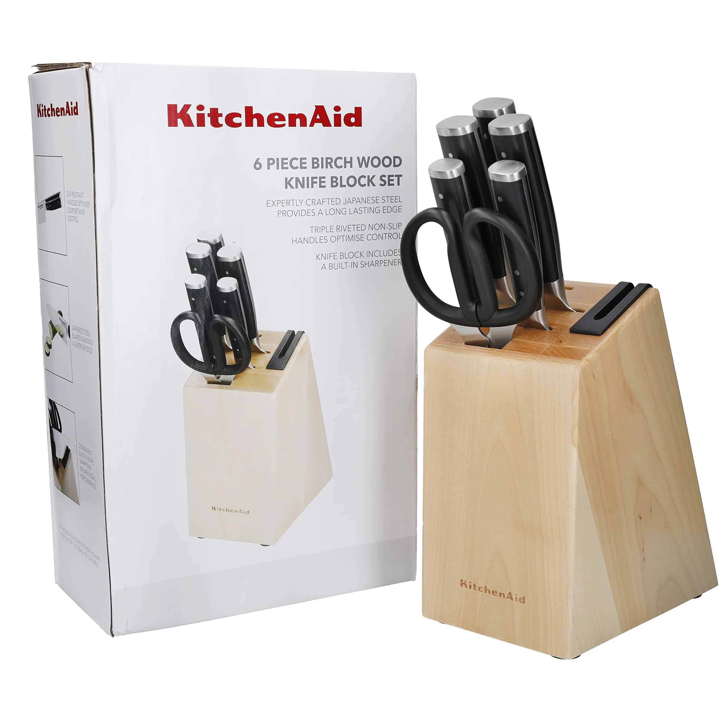 KitchenAid Gourmet 6-teiliges Messerblock-Set, schwarze Griffe, japanischer Stahl – 5 Messer, Schere & Schleifgerät