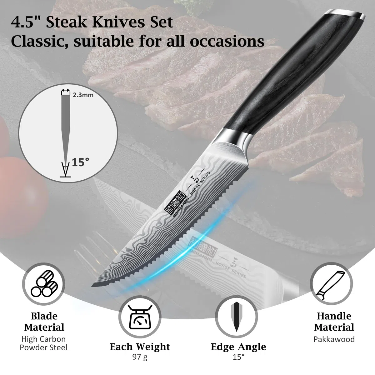 HOSHANHO 6-Teilig Steakmesser-Set, 11,5 cm Steakmesser Set mit Japanischer Wellenschliffklinge, Ultrascharfes Steakmesser aus Pulverisiertem Kohlenstoffstahl mit Pakkaholzgriff