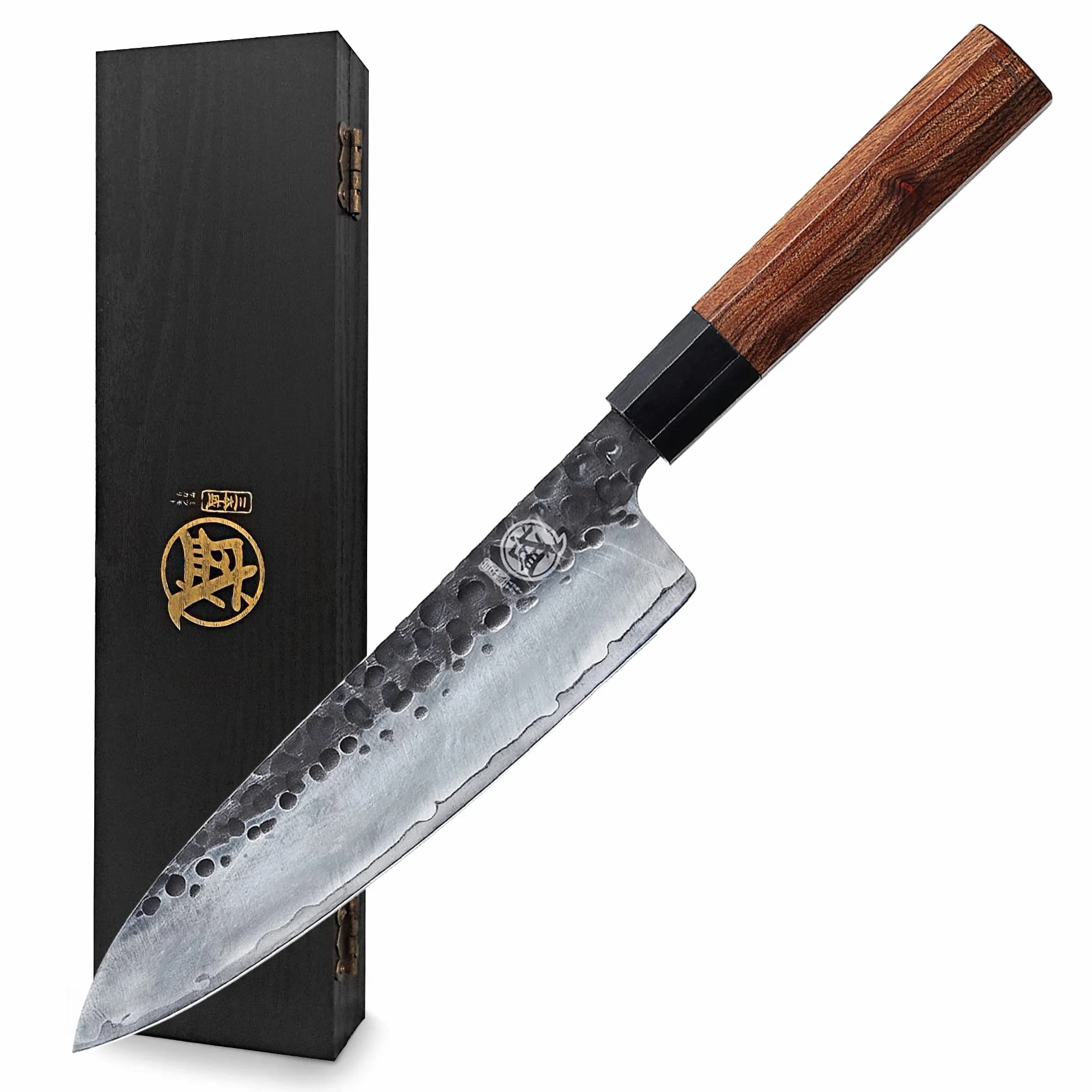 MITSUMOTO SAKARI Handgeschmiedetes Küchenmesser, 22 cm Gyuto Kochmesser, Hochkohlenstoffstahl Stahl japanisches küchenmesser (Rosenholzgriff und Boutique Holzkiste)