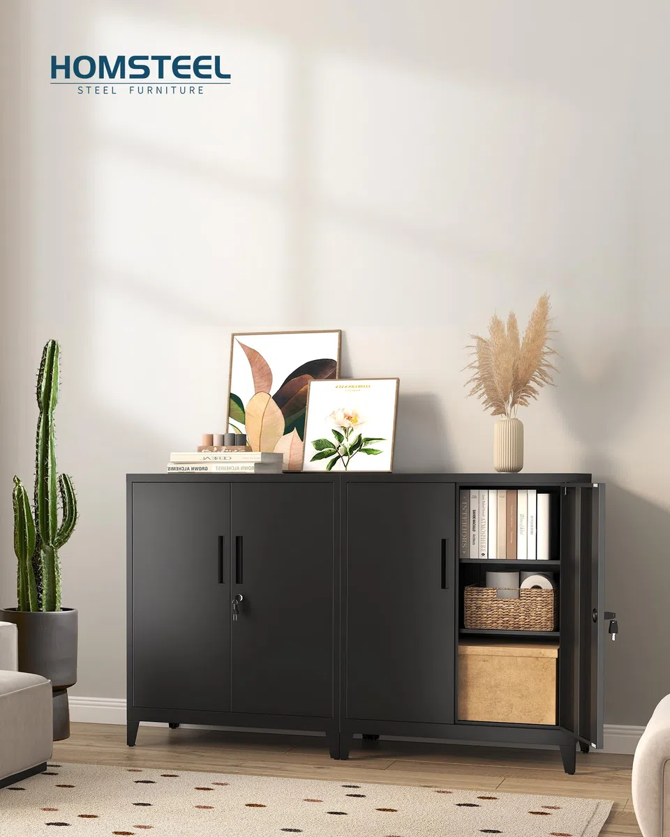 Aktenschrank, abschließbarer Garagenschrank, 2 Ebenen Büroschrank, Werkstattschrank mit verstellbaren Regalen, für Büro, Garage und Hauswirtschaftsraum, 40 x 80 x 100 cm, Schwarz