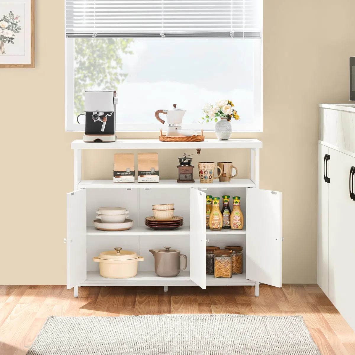 Yaheetech Sideboard, Küchenschrank mit 3 Türen und Offenen Regalen, Buffetschrank Aufbewahrungsschrank verstellbare Ablage 100 × 35 × 81 cm, Weiß