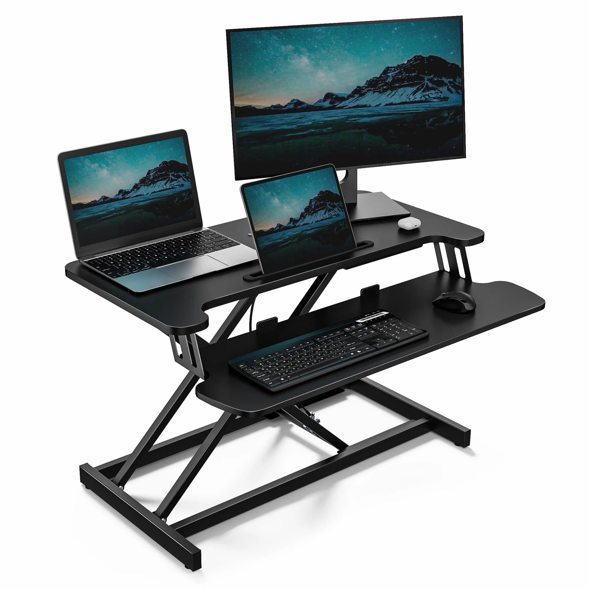 VonHaus Schreibtischaufsatz Höhenverstellbar, Schwarz 80 x 40 cm Steh-Sitz-Arbeitsplatz für Dual-Monitor mit Tabletfach, Stehpult-Konverter mit Zwei Ebenen, Schreibtisch erhöhung mit Tastaturablage